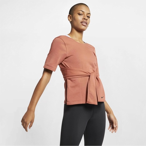 Nike Studio Short Sleeve Wrap Top Yoga in Terra Cotta - Picture 2 of 8
